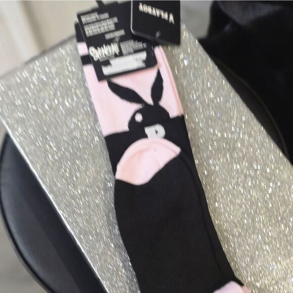 Playboy Bunny Vertical Logo Over-The-Knee Socks- Black/Pink - Picture 5 of 5